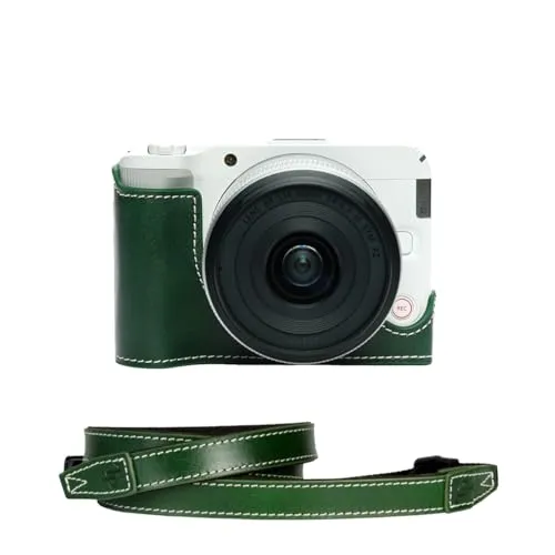 TP Original Canon EOS R50 V 専用 ハンドメイド+15カメラストラップ 本革 ボディケース ハーフカメラケース バッグ カバー 電池交換便利 底面開閉 手作り 専用対応カメラカバー (グリーン)