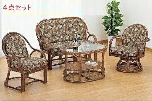 リビング4点セット回転椅子 椅子 パーソナルチェアアームチェア＆ラウンドチェア＆ラブチェア＆テーブル今枝商店 籐 ラタン家具Y1000ABCset Y-1000ABCset