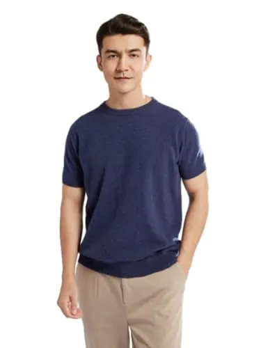 [Aecsoc] メンズ カシミヤ100%ニットTシャツ半袖 セーター軽量カジュアルクルーネック 無地 薄手プルオーバー MC266(ネイビー,XL)