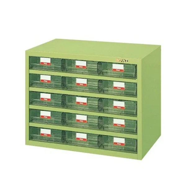 サカエ ハニーケース パーツキャビネット 樹脂ボックス 3列5段 均等耐荷重50kg 幅690×奥行450×高さ540mm グリーン アイボリー HFS-15TL