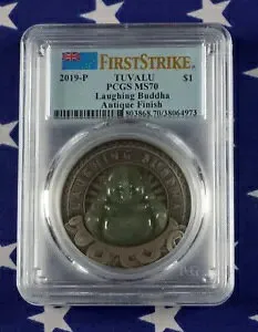 2019 $1 ツバル笑う仏陀 1 オンス 99.99 シルバー コイン PCGS MS70 FS COA + ボックス付き