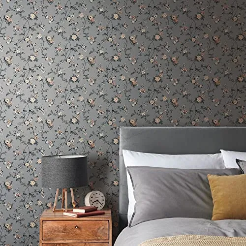 壁紙屋本舗 壁紙 張り替え 自分で 花柄 ボタニカル グレー 灰色 はがせる クロス 巾53cm × 10m 1ロール Emil & Hugo CORNWALL 288314 ドイツ製 輸入壁紙 のりなし