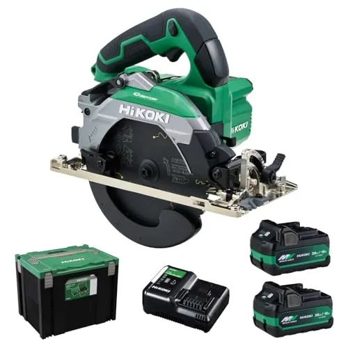 HiKOKI(ハイコーキ) 18V コードレス 丸のこ C1806DB(2XPZ) アグレッシブグリーン のこ刃径165mm 新平行度微調整機構 蓄電池2個・充電器・システムケース4 チップソー黒鯱付き C1806DB(2XPZ)