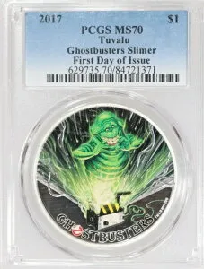 2017 ツバル ゴーストバスター スライマー $1 PCGS MS70 - 99.9% シルバー (1 オンス)、OGP 付き