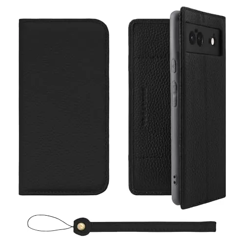 HANATORA for Google Pixel 6 ケース 手帳型 本革 スマホケース スマホ スタンド ストラップ 付き シュリンクカーフレザー ベルトなし マグネットなし ブラック H0XA-GP6-Black ギフト 誕生日 女性 男性 彼女 お