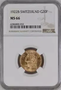 スイス、ゴールド 20 フラン 1922 B - NGC MS 66、レア 3