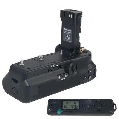Dudass EOS R5 Mark II/R5/R6/R6 Mark II 用のデュアルバッテリースロット縦置きバッテリーグリップ。縦置き撮影、画像安定化、タイムラプス撮影、三脚対応、軽量設計をサポートします。 (スクリーンディスプレイ付きワイヤレスリモ