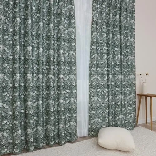 [カエイレース] ドレープ カーテン 2枚組【日本製 144サイズ】ウィリアムモリス 【 Strawberry Thief いちご泥棒 】遮光3級(遮光率99.40%以上99.80%未満) 防炎機能 遮熱 断熱 保温 目隠し【幅150ｃｍ×丈95ｃｍ 】