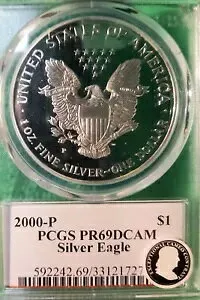 2000-P アメリカン シルバー イーグル ドル $1 - PCGS PR69DCAM - 1 オンス シルバー - 証拠!