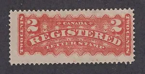 カナダ Sc F1b MLH。1875年 2セント ローズカーマイン 登録切手、12穴 F-VF
