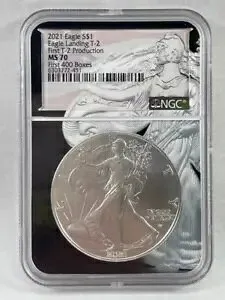 2021 アメリカン シルバー イーグル、最初の T-2 生産、NGC MS 70、ブラック スラブ C13.11