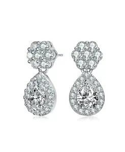 ジュネヴィヴェ レディース アクセサリー ピアス・イヤリング Genevive Sterling Silver with White Gold Plated Clear Pear and Round Cubic Zirconia Halo with Flower Post Drop Earringsilver シルバー