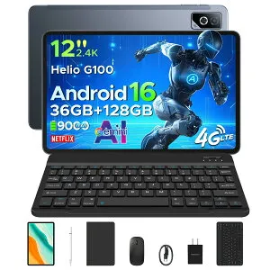 【限定10000円オフ】DOOGEE TABG6PROセット版 Android16 タブレット 12インチ 2K 90Hz大画面 SIMフリー 36GB RAM+128GB ROM+拡張対応 9000mAh大容量 8コアG100 CPU WiFi+4G LTE 顔認証 キーボード&ケース付き
