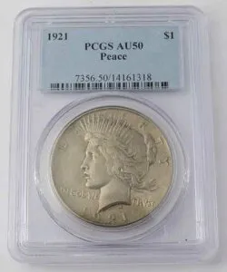 1921年 P ピースダラー - キーデート - 銀90% - PCGS AU50 - 証明書番号 14161318