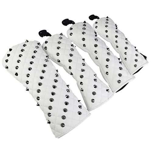 ゴルフクラブヘッドカバー ウッドカバー ドライバーカバー フェアウェイウッドカバー ユーティリティカバー ヘッドカバー DR FW UT スタッズ キラキラ ホワイト ブラック PUレザー 防水 耐摩擦 ボア タグ付き 4個セット クラブヘッドカバー-ホワ