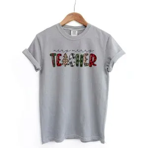 Simply Sage Market レディース トップス Tシャツ Simply Sage Market Very Merry Teacher Plaid Garment Dyed Tee Grey グレー