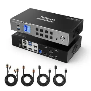 TESmartKVMスイッチ2入力3出力USB-C+HDMI+DisplayPortMST対応KVM切替器USB3.04K@60Hz2PC3モニター用1000MbpsLANポート充電対応ホットキーEDID機能