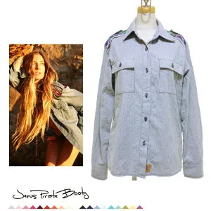 LAセレブ愛用ブランドJen's pirate bootyジェンズパイレーツブーティー Guipil Texas Tuxedo Shirt 刺繍シャツ planet blue プラネットブルー SS S M 総柄 レディース 春 夏 秋 冬 長袖 スト