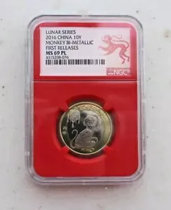 NGC MS69 PL 中国 2016 ルナ - バイメタル モンキー (初回リリース、ペーパーカット)