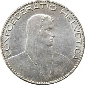スイス 5フラン 1922 B、AU、「Confoederatio Helvetica (1917 - 1967)」