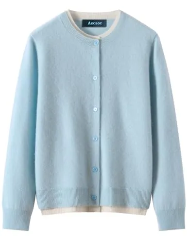 [Aecsoc] 100%カシミヤ ニットカーディガン ボレロ クルーネック 長袖 前開き セーターレディース (370g)SH588(ブルー,L)