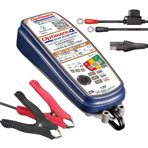テックメイト(TecMATE)【公式】2023年秋新型！オプティメイト４Quadクアッド・プログラム 12.8Vリン酸鉄リチウムイオン/12V鉛電池兼用充電器。BMW motorrad キャンバス対応、トライアンフ、Ducati Mutistrada用 C