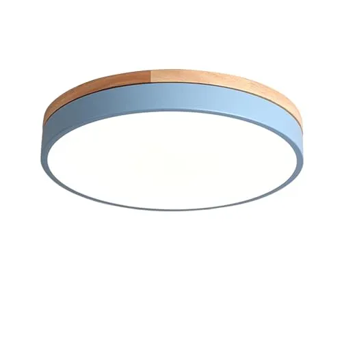 マカロンLEDシーリングライト モダンラウンド木製ランプ フラッシュマウント 超薄型照明 子供部屋 キッチン バルコニー用 (60cm、48W、ブルー、無段階調光)