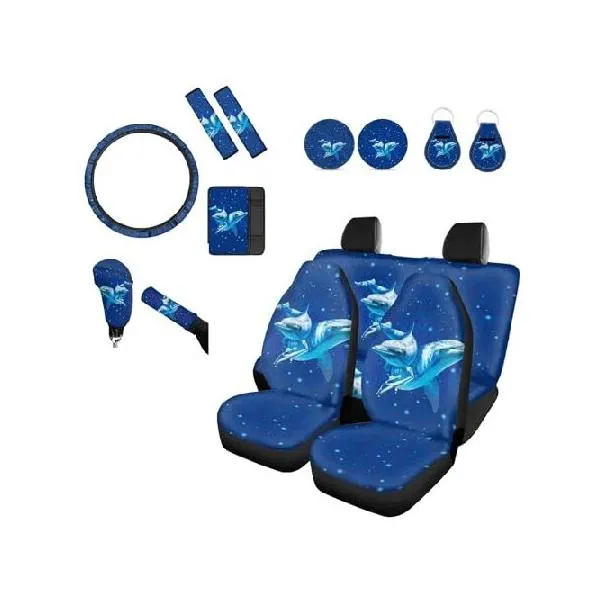 Forchrinse Blue Dolphin Space フルセット カーシートカバー お揃いのハンドルカバー ショルダーパッド アームレストカバー ハンドブレーキギアシフト_並行輸入