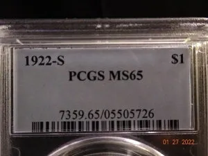 1922-S ピースシルバードル、PCGS MS65