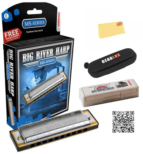Hohner Big River Harp MS Harmonica - Key of G Bundle with Zip Case, Instructional Manual, and Austin Bazaar Polishing Cloth