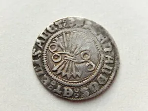 B183 - スペイン フェルディナンドとイザベラ 銀貨 ハンマー打ち ハーフ レアル。1497-1566 年。