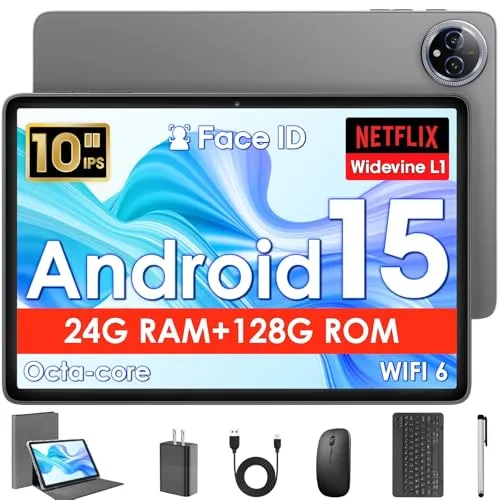 10インチタブレット、キーボード付きAndroid 15タブレット、24GB(8+16)+128GB ROM、1TB拡張、Octa-Core 6000mAh 1280x800 IPS HD、5G WiFi、T615高性能CPUプロセッサ、デュアルカメラ(ブ