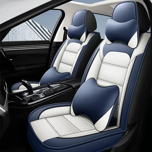 車シートカバー シートクッション と互換性のあるホンダ ヴェゼル RV系 2021.4~現行 5席 全天候型 360°フルラップ 前後セット カーシートカバー 防水 防汚 耐磨耗 通気性 車内保護 取付簡単 滑り止め 収納便利(白と青,枕付き)