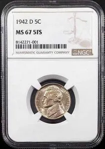 1942 D ジェファーソン ニッケル、NGC により MS 67 5FS 認定! 5 つのフルステップ!