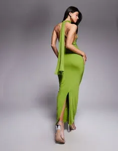 エイソス レディース トップス ワンピース メッシュ マキシ ホルター ASOS DESIGN mesh twist bust detail long sleeve halter maxi with tie back neck green グリーン