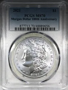 2021-P モルガン・ダラー PCGS MS70 100周年記念ホルダー