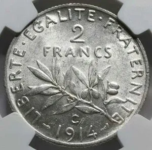 フランス 2フラン 1914年 C NGC AU 58 UNC シルバー カステルサラサン リバティ 種まき