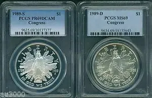 1989-S & 1989-D コングレス シルバー ドル PCGS MS69 & PF69 PR69 2 コイン セット