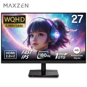 ゲーミングモニター モニター 27インチ 180Hz 180hz WQHD フリッカーレス 27型 ブルーライトカット ノングレア HDMI Adaptive-Sync ブラック MAXZEN MGM27IC02 マクスゼン PB00001