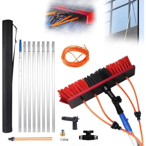 高所掃除ブラシ 外壁・窓ガラス用 クリーニング Kisigim太陽光パネル洗浄 3m～12m長さ選択 ブラシ 35/55cm 高さ調節 取り外し簡単 ブラシヘッド高圧水スプレー 効率的で安全な洗浄 ウォーター 窓拭き (全長9m,ブラシ幅55cm)