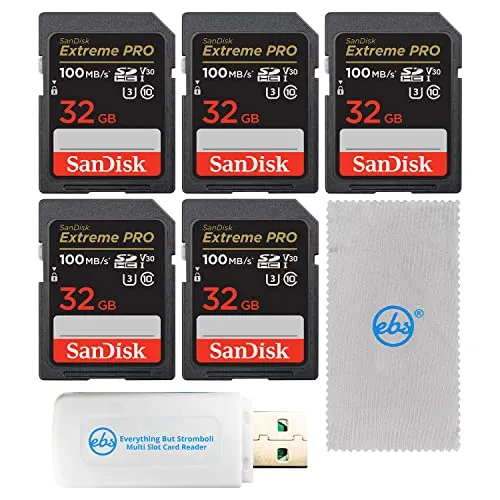 SanDisk 32GB SDHC Extreme Pro (5パック) メモリーカード デジタル一眼レフカメラ 4K V30 (SDSDXXO-032G-GN4IN) 用 Stromboli Micro & SDカードリーダー マイクロファイバークロス付
