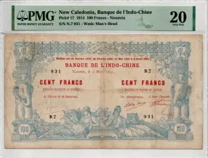 ニューカレドニア 100 フラン 1914 ピック 17 レア (PMG 20 VF)