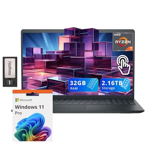 Dell Inspiron 15.6インチ アンチグレア FHD タッチスクリーンノートパソコン、AMD Ryzen 7 7730U、32GB DDR4 RAM、2.16TBストレージ(2TB SSD+160GBドッキングステーションセット)、AMD Ra