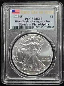 2020-(P) アメリカン シルバー イーグル $ 緊急発行 FDOI PCGS MS69