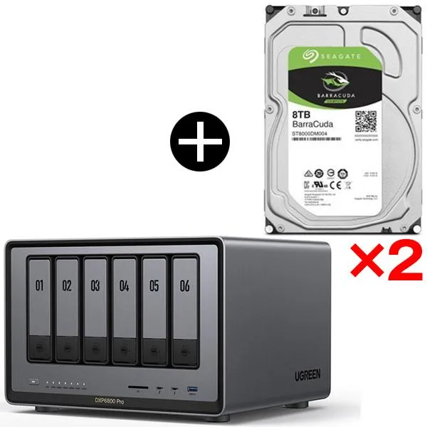 UGREEN DXP6800Pro NASync NAS 6ベイ + Seagate ST8000DM004 BarraCuda 3.5インチ内蔵ハードディスク (8TB) ×2 ※バルク品 セット