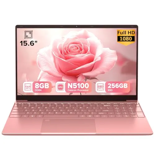 Trygood (トライグッド) 2026 ノートパソコン 15.6インチ ローズピンク 指紋 & バックライト付きキーボード テンキー付き 8GB RAM 256GB SSD クアッドコアプロセッサー (最大2.8GHz) 1080P FHD IPS 美