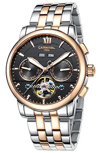 Men's Automatic Mechanical Watch Multifunction Luminous Calendar Stainless Steel Analog Watches (Rose Gold-Black)