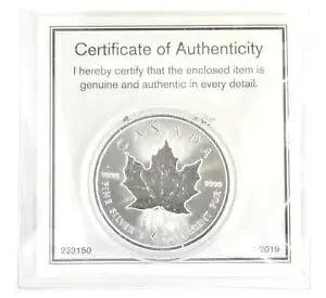 2019 カナダ メープル リーフ エリザベス II 1 オンス 0.999 ファイン シルバー 地金 COA 付き
