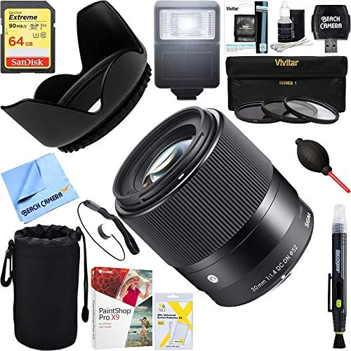 Sigma (302965 30mm F1.4 DC DNレンズ Sony Eマウント用 + 64GB アルティメットフィルター & フラッシュ写真バンドル