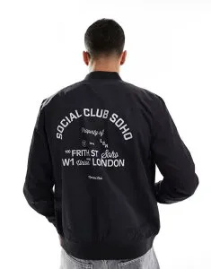 エイソス メンズ アウター ジャケット・ブルゾン プリント ジャケット ASOS DESIGN lightweight bomber jacket with prints Black ブラック